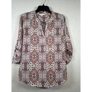 Pink Republic VNeck 3/4 Sleeve Boho Print Blouse‎ Blue Mauve Size Small Lghtwght